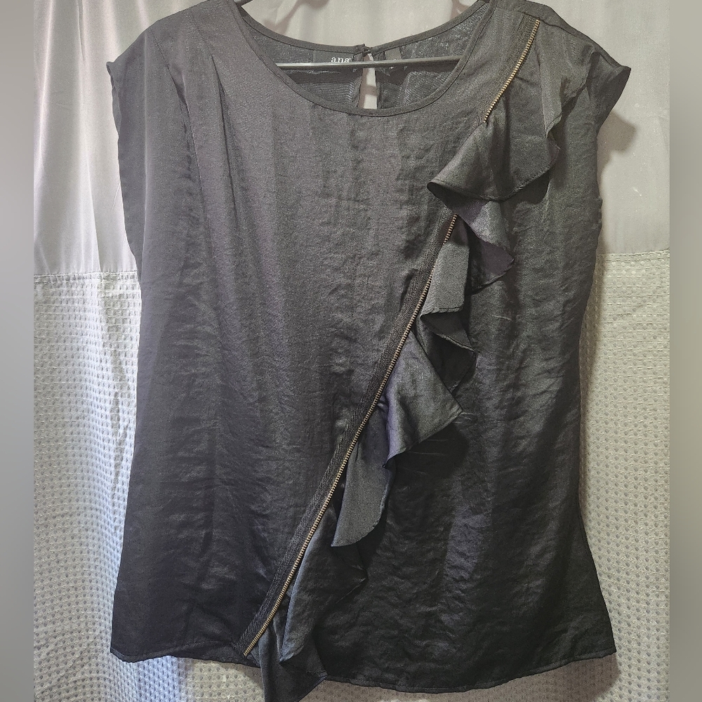 a.n.a Black Asymmetrical Ruffled Blouse
